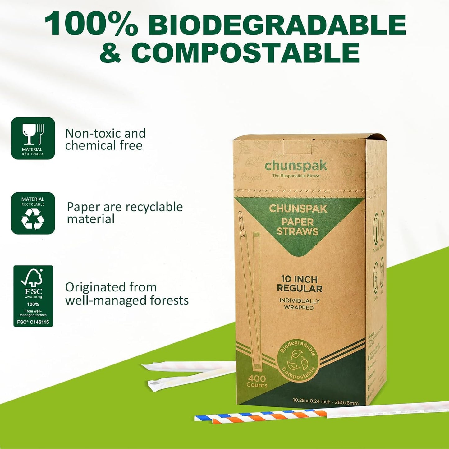 10.25 Inch Long Disposable Paper Straws Biodegradable Individually Wrapped, 0.24" Dia. (Colorful Stripes, 400 ct.) - Sturdy Durable