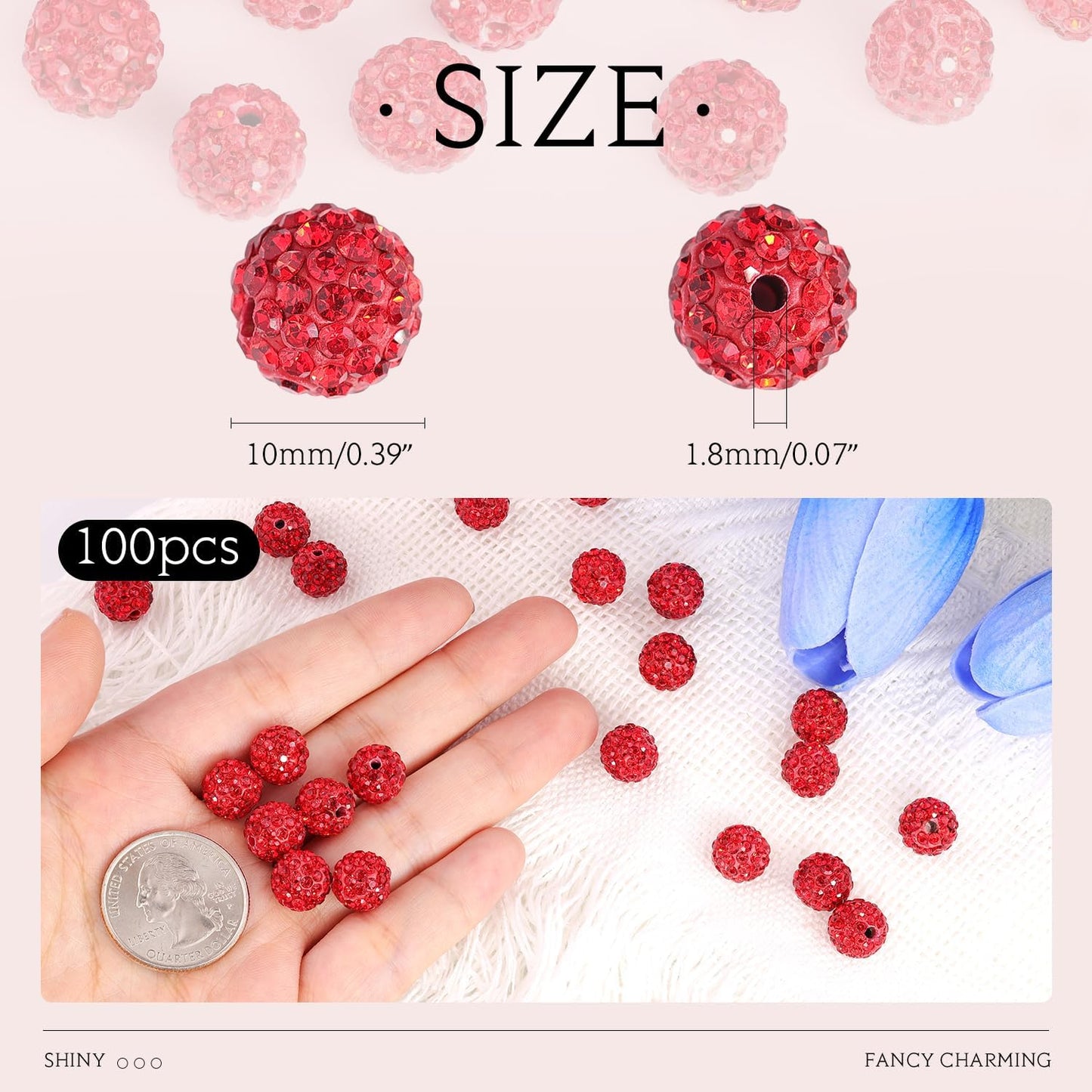 100 pcs 10mm Rhinestone Beads for Jewelry Making, Red Shiny Round Shamballa Disco Beads Bulk, Sparkle Crystal Clay Christmas for Bracelet Baseball Necklace Earring Crafting and DIY