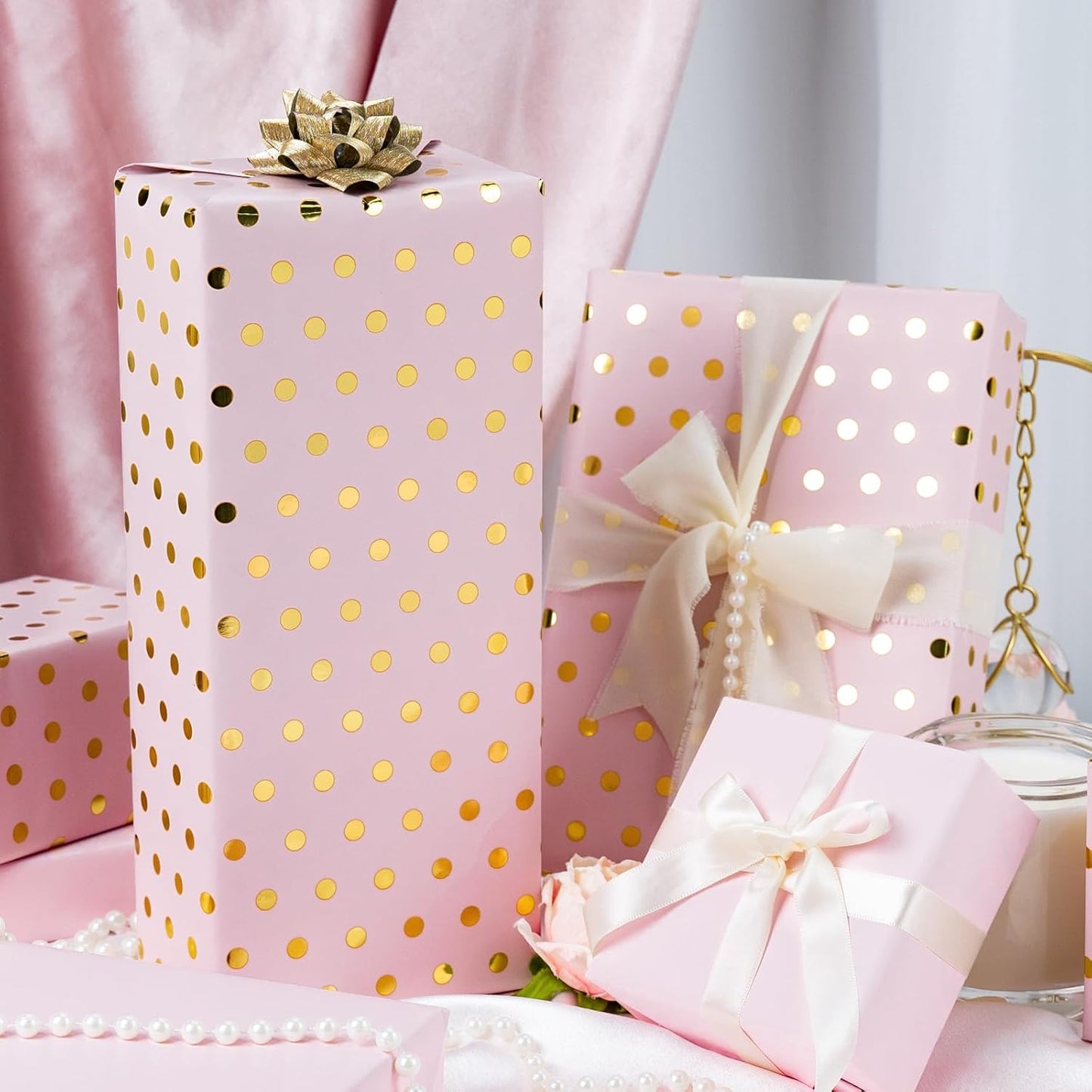Flyhill Pink Wrapping Paper Roll,Reversible Mini Roll Gold Foil Polka Dot Gift Wrap for Birthday,Girls,Baby Shower,Wedding (17 Inch X 32.8 Feet)