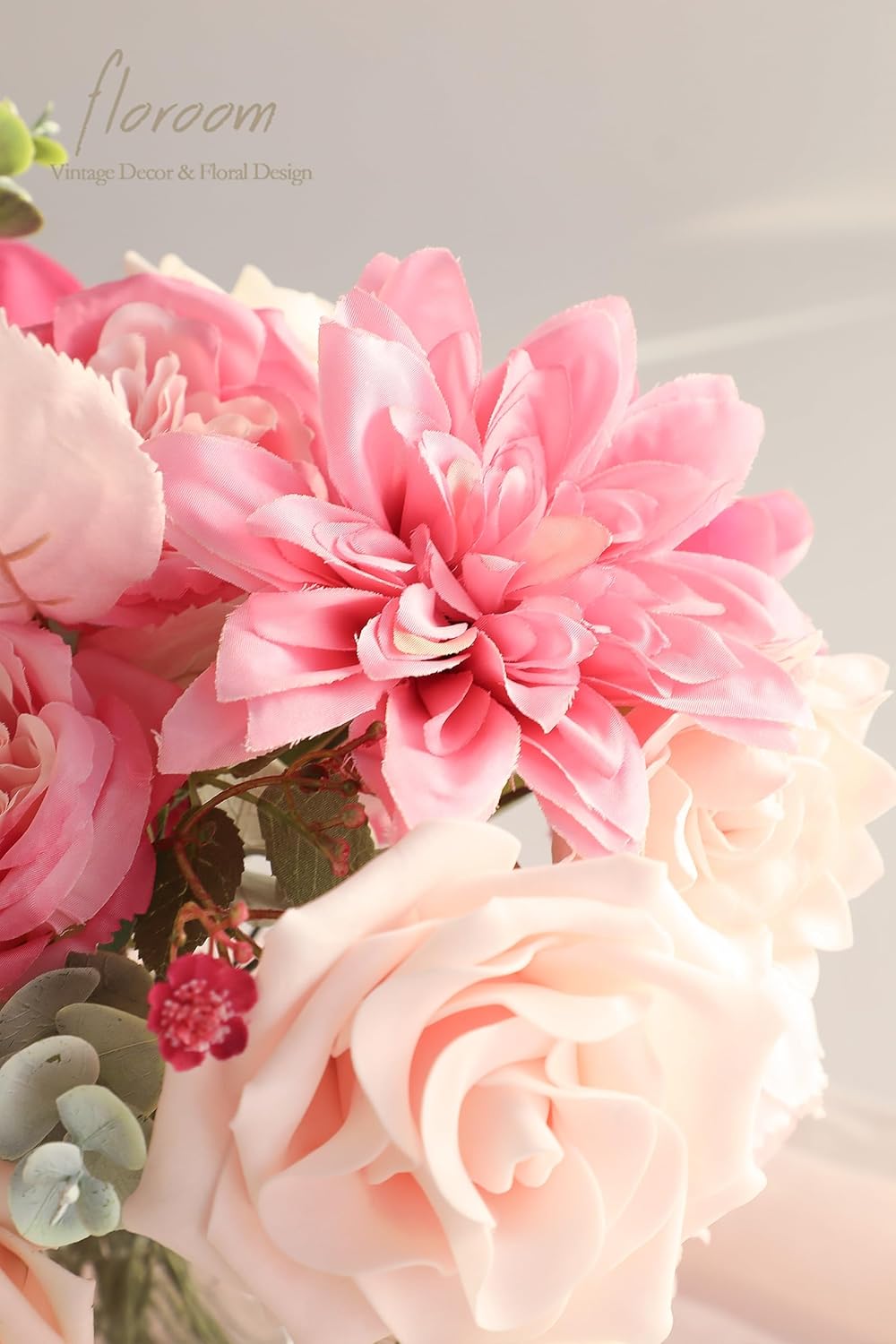 Floroom Hot Pink Blush Artificial Flowers Fake Roses Peonies Dahlias and Greenery Combo Box Set for DIY Wedding Bouquets Bridal Shower Centerpieces Floral Arrangements Party Tables Home Decorations