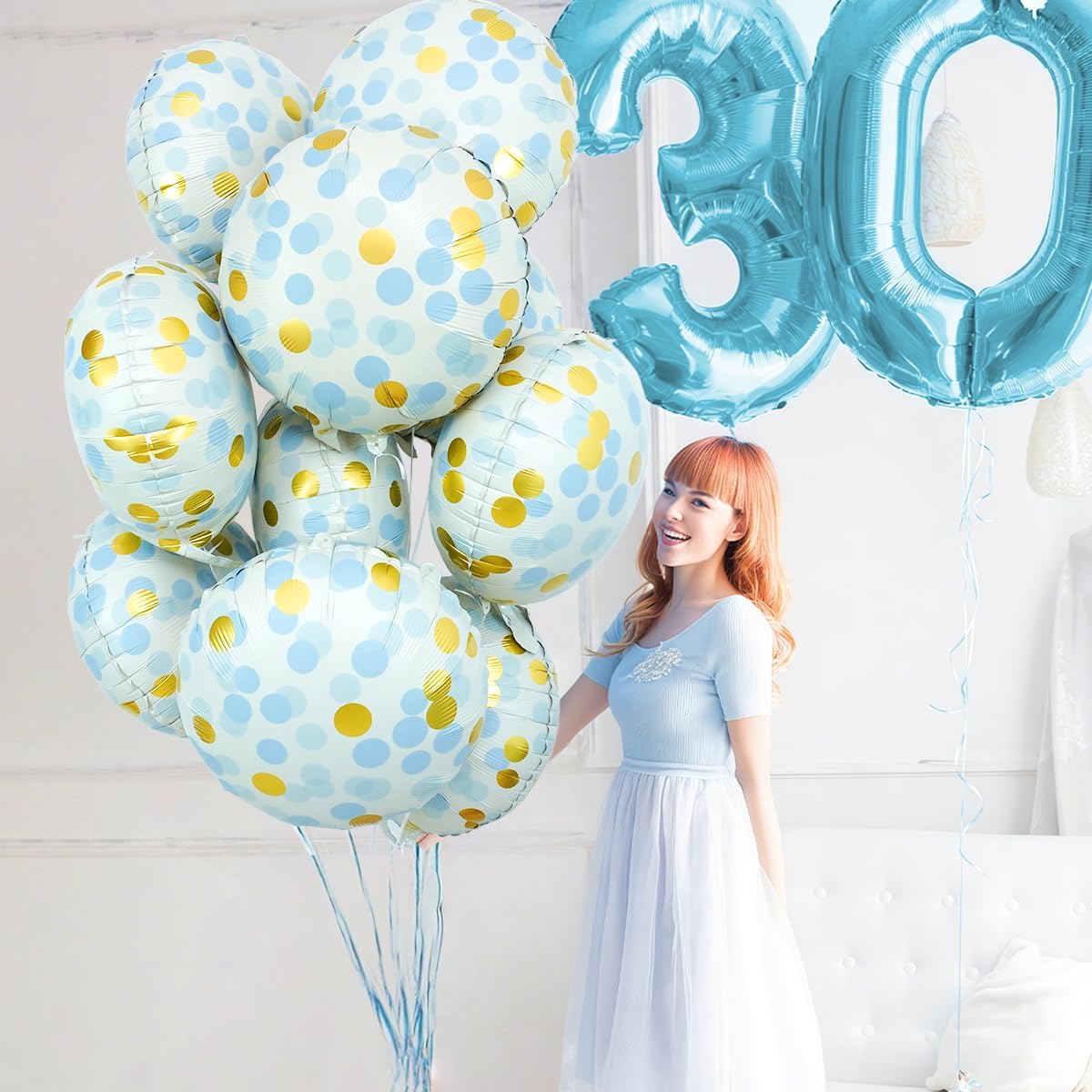 10 Pcs Blue Polka Dot Foil Balloons, 18" Foil Round Balloons with Blue Gold Dots, Helium-Friendly Circle Dot Balloons for Birthday Decor, Baby Showers, Gender Reveal, Holiday Festival Celebrations
