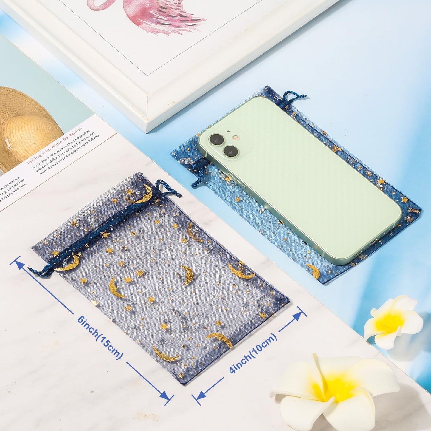 100 Pieces Moon Star Organza Bags, 4x6 Inch Random Color Organza Pouch Small Gift Bags with Drawstring for Christmas Party Favors Wedding Valentine's Day Ramadan Eid and Eid Al Adha Goodie Bags