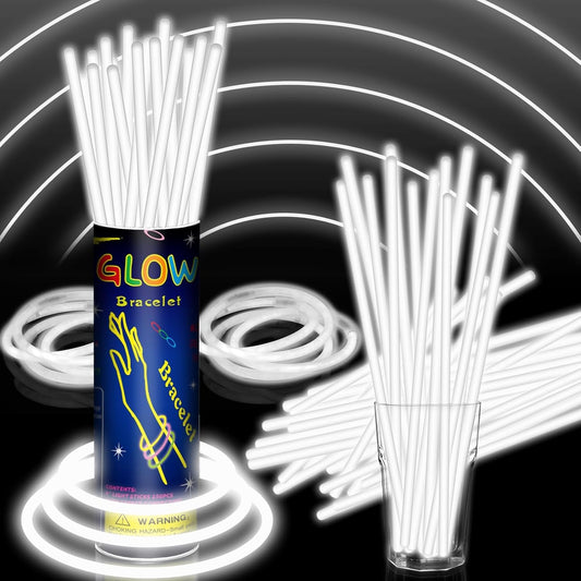 100 Pack 8” White Glow Sticks Bulk with 100 Connectors Neon Glow In The Dark Party favors Supplies for Holiday Birthday Party Decoration (White)