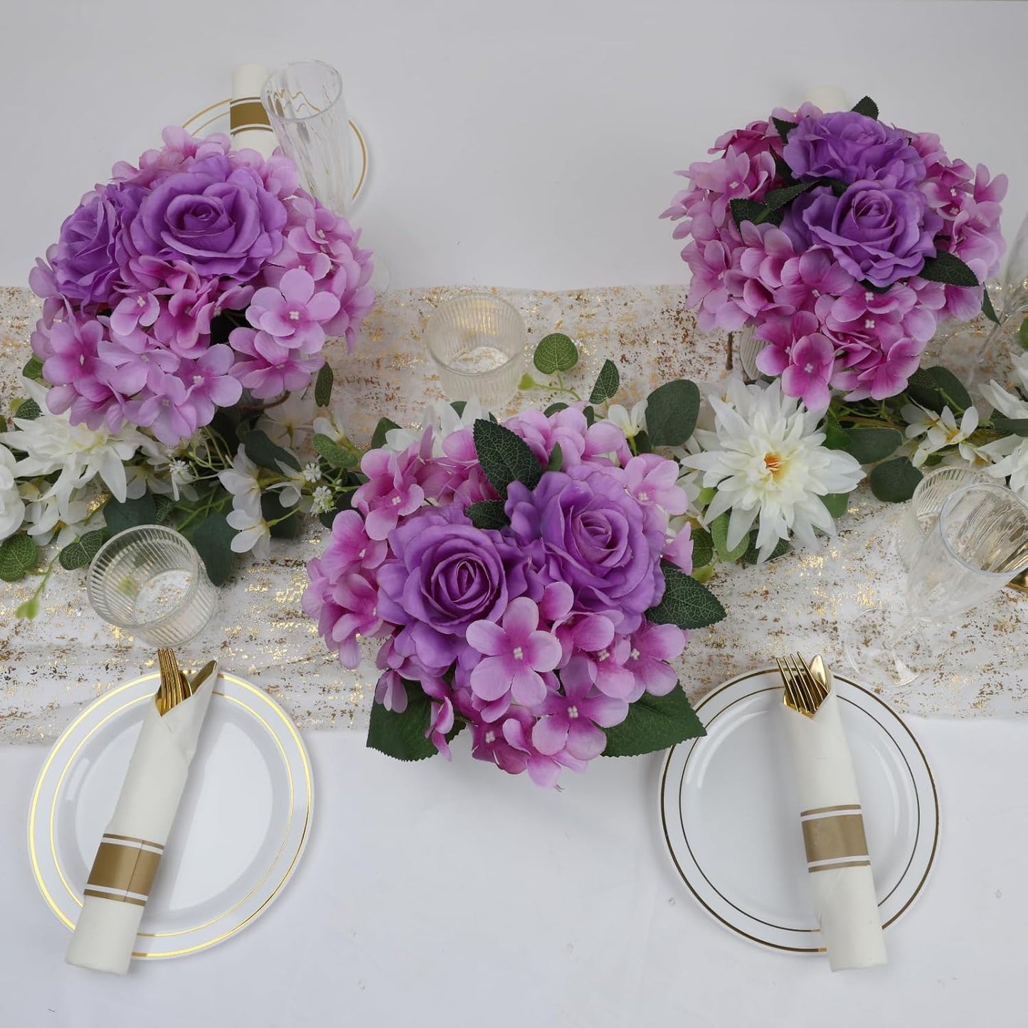 Flower Table Centerpieces - Set of 6 Floral Arrangement Artificial Wedding Hydrangeas Floral Arrangement with Rustic Metal Vase for Bridal Tea Party Event Decorations - Purple