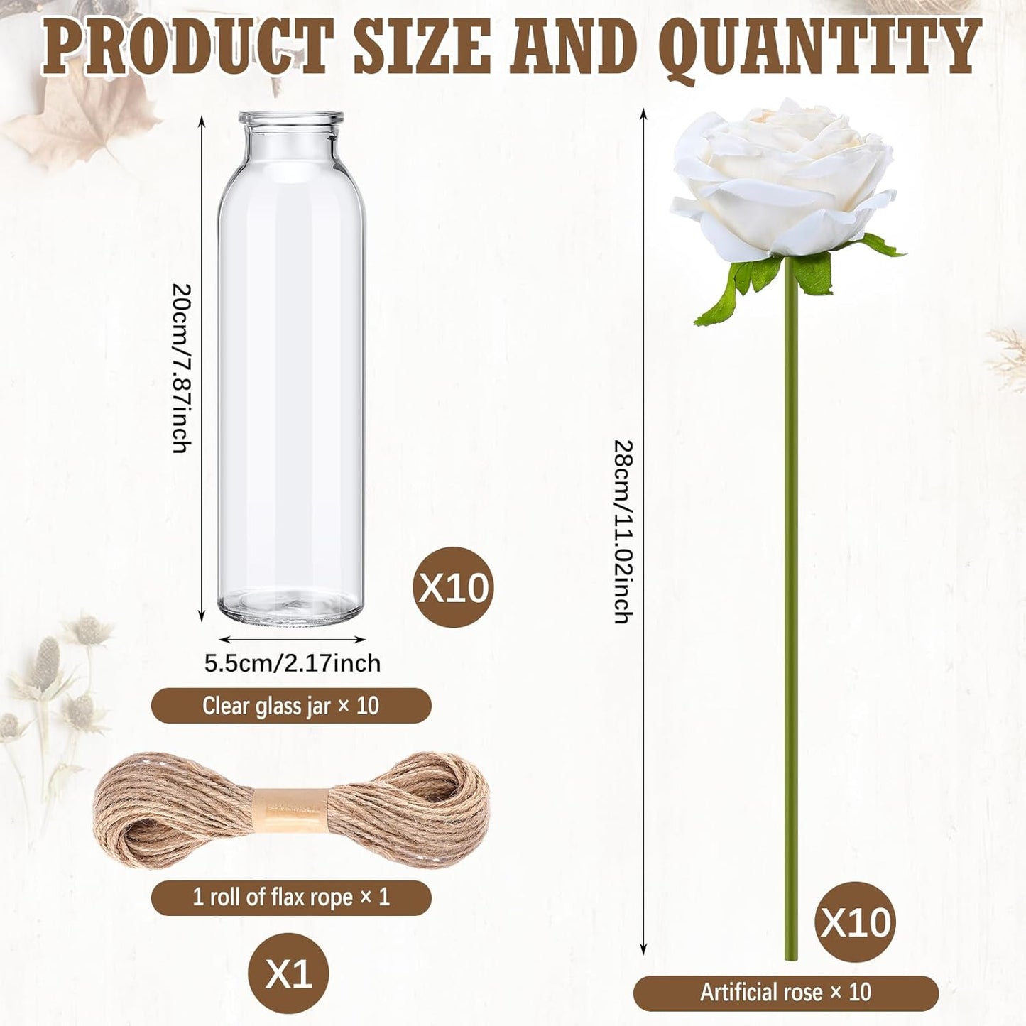 10 Set Dried Pampas Grass Centerpiece for Wedding 10 Clear Glass Jars 10 Artificial Roses 80 Dried Pampas Grass with Rope for Baby Shower Rustic Bridal Party Farmhouse Decoration (White)