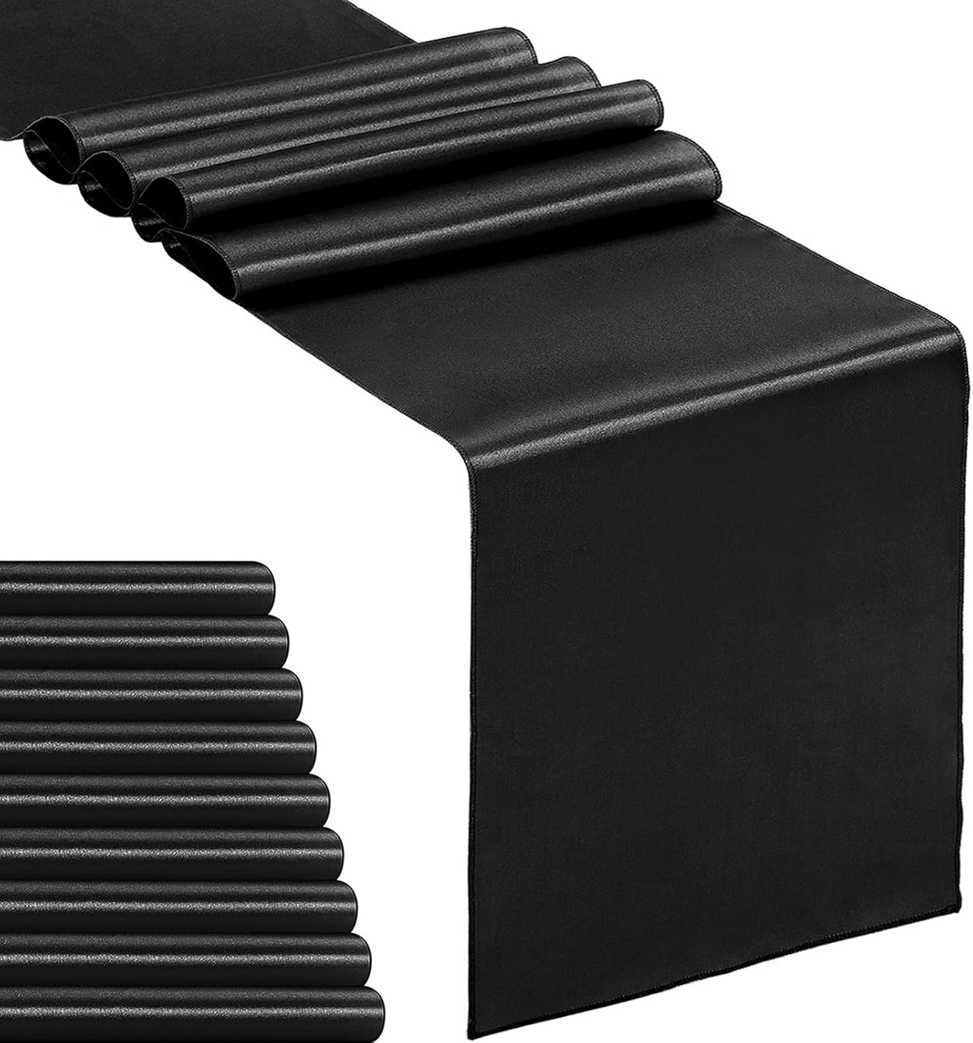 10-Pack Satin Table Runner Black 12 x 108 inches Long, Table Runners for Wedding, Birthday Parties, Banquets Decorations（10 Pack, 12x108 Inch, Black）