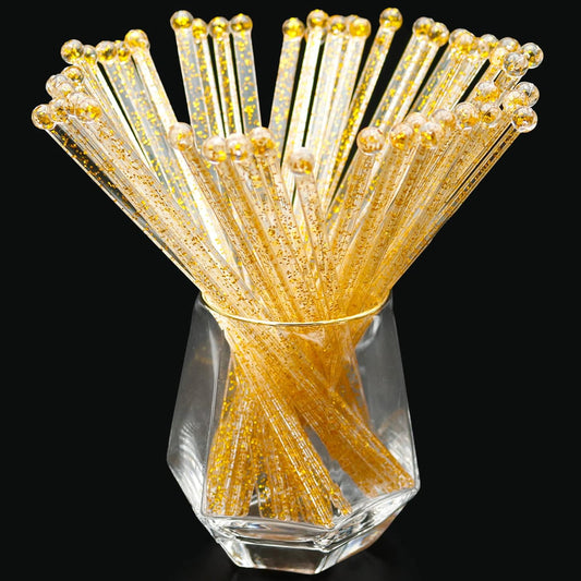 100-PCS Gold Glitter Plastic Swizzle Sticks, Crystal Cake Pops, Cocktail Coffee Drink Stirrers, Stir Sticks for Christmas Party, 7.24 Inch