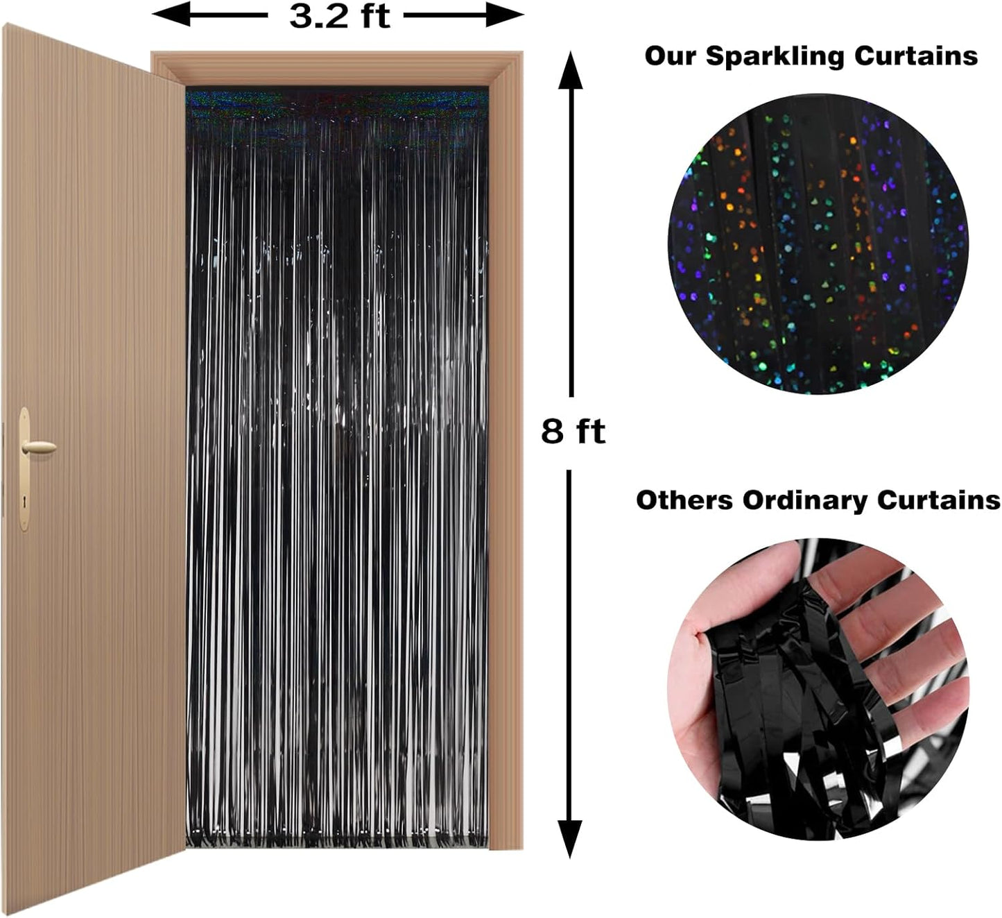 Foil Fringe Curtains Halloween Decor Indoor Party Decorations - Melsan 3 Pack 3.2 x 8.2 ft Black Tinsel Curtain Photo Backdrop for Birthday Decorations Retirement Party Decorations Black