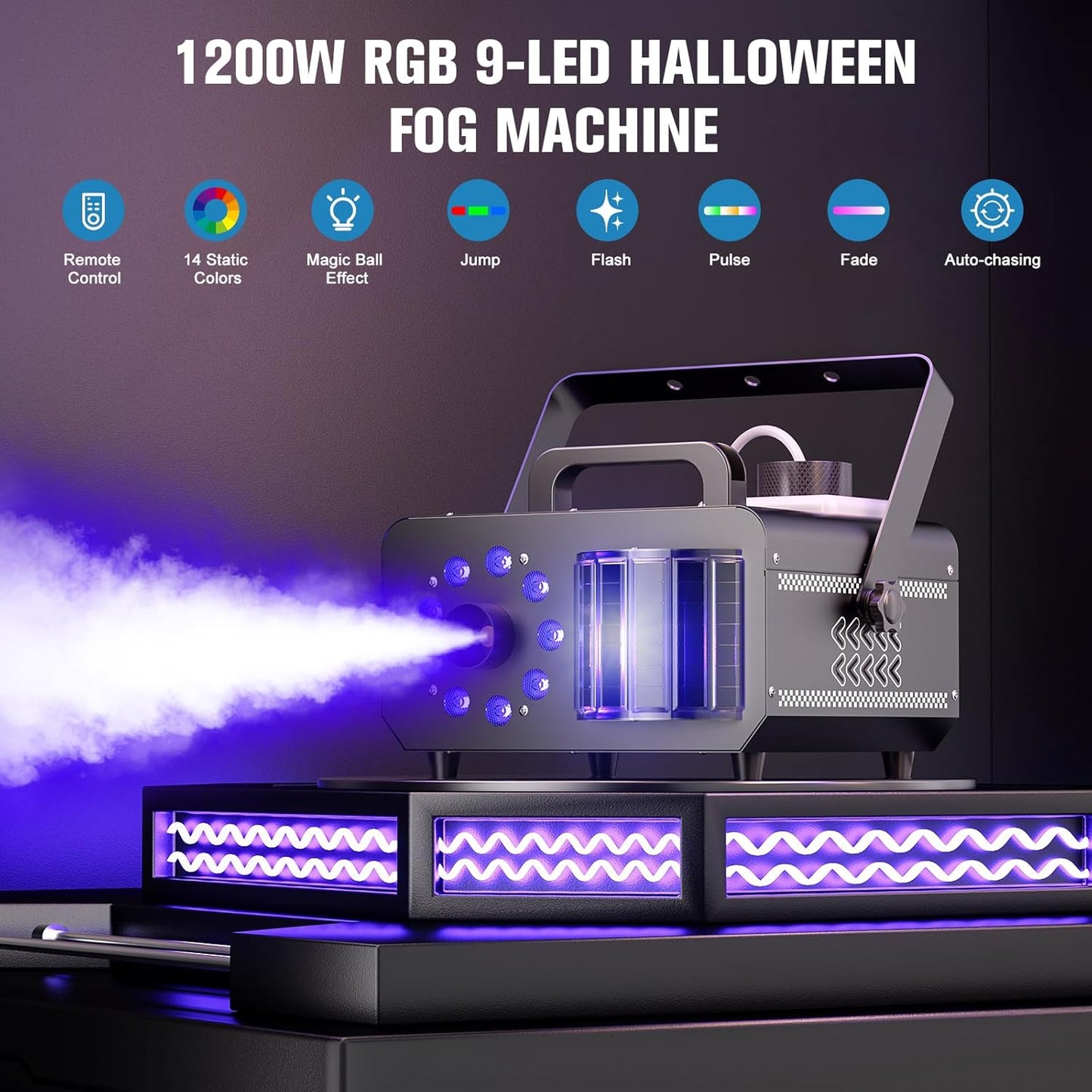 Fog Machine with RGBW LED Lights, 1200W Professional Smoke Machine, 1L Tank, 3000CFM Output, 14 Colors for DJ Party Stage Wedding Halloween 2PACK