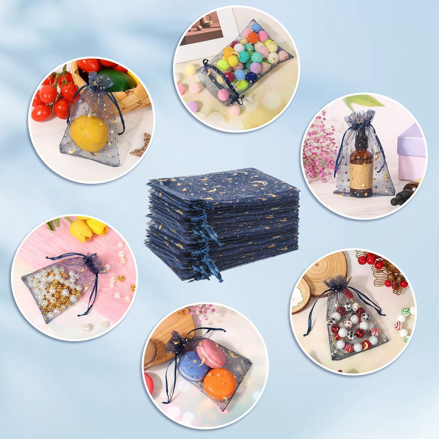 100 Pieces Moon Star Organza Bags, 4x6 Inch Random Color Organza Pouch Small Gift Bags with Drawstring for Christmas Party Favors Wedding Valentine's Day Ramadan Eid and Eid Al Adha Goodie Bags