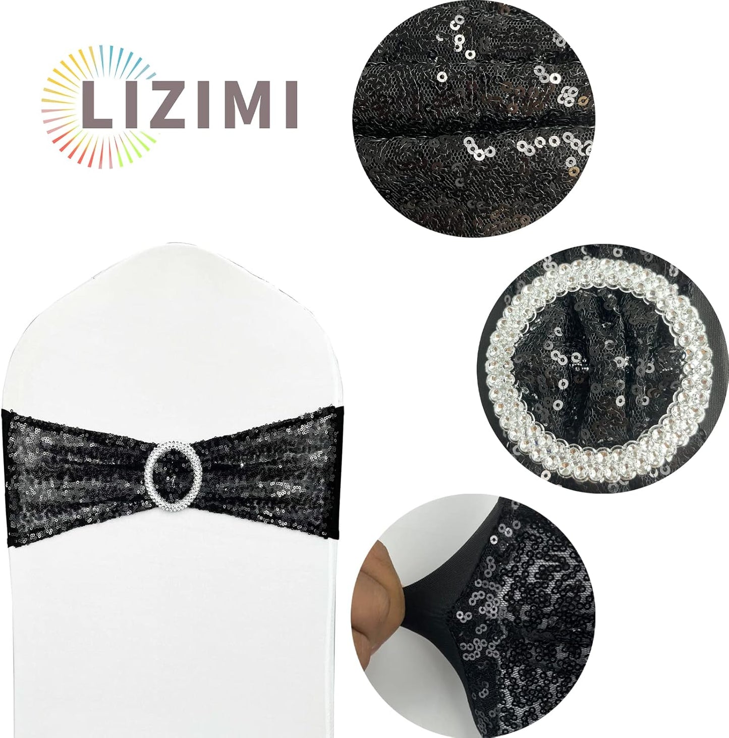 100 Pcs Chair Sashes Sequin Stretch Chair Bands Spandex Polyester Bows for Party Hotel Wedding Banquets Decoration - Black