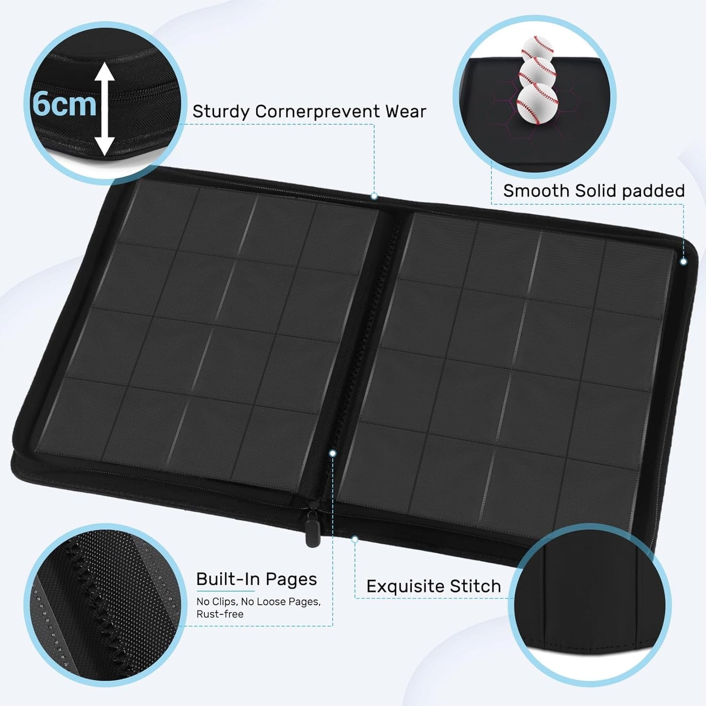 1000+ Pockets Trading Card Binder, 16 Pockets Zipper Binder Card Album, 32 Pack Double-sided Side Loading Non-Ring Card Binder, Card Holder Folders for MTG, TCG, Game Cards & Sports Cards, Black