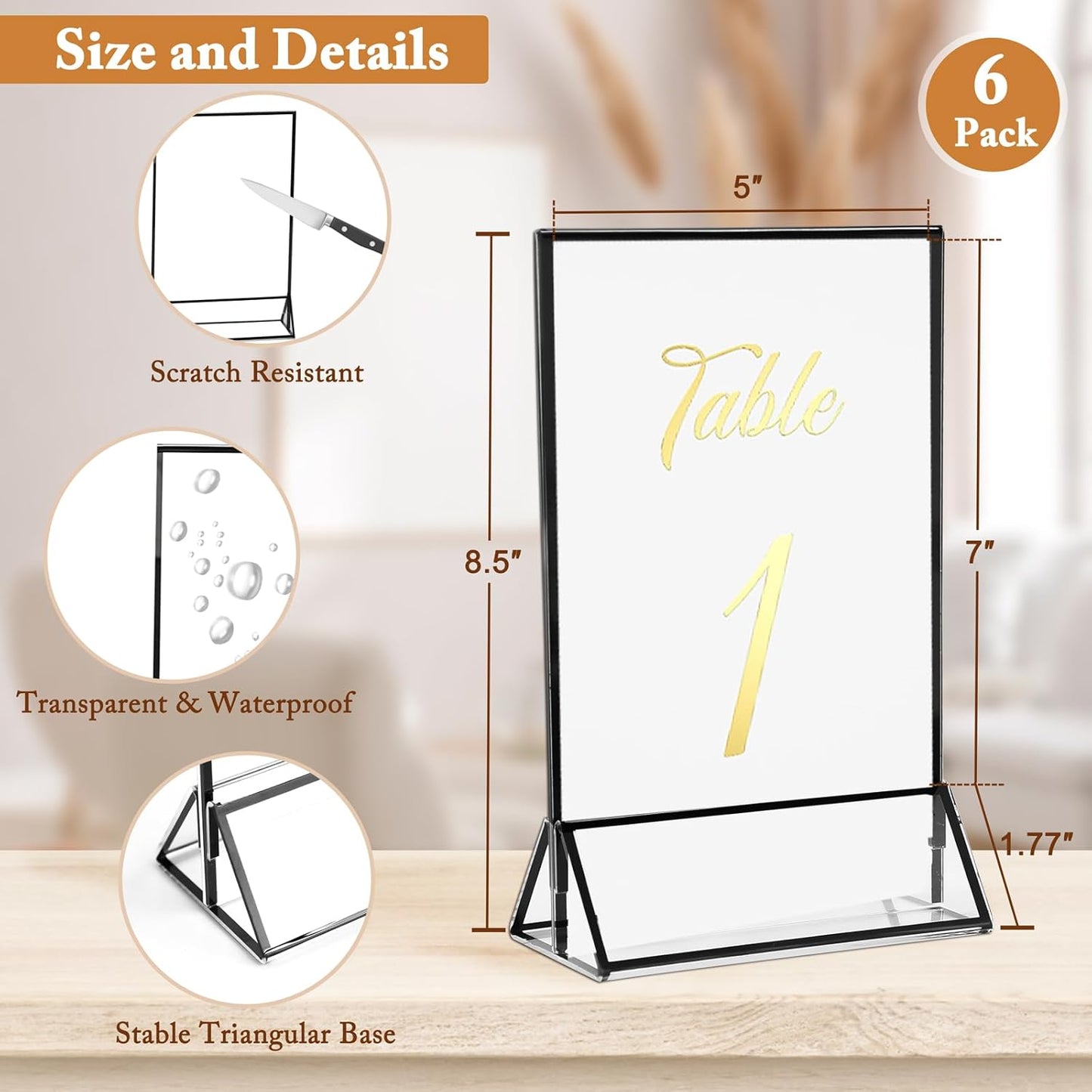 Floroom 6 Pack 5x7 Inch Clear Acrylic Sign Holders, Double-Sided Black Display Stand Picture Frames for Table Numbers, Menus, Flyers, Weddings, and Offices