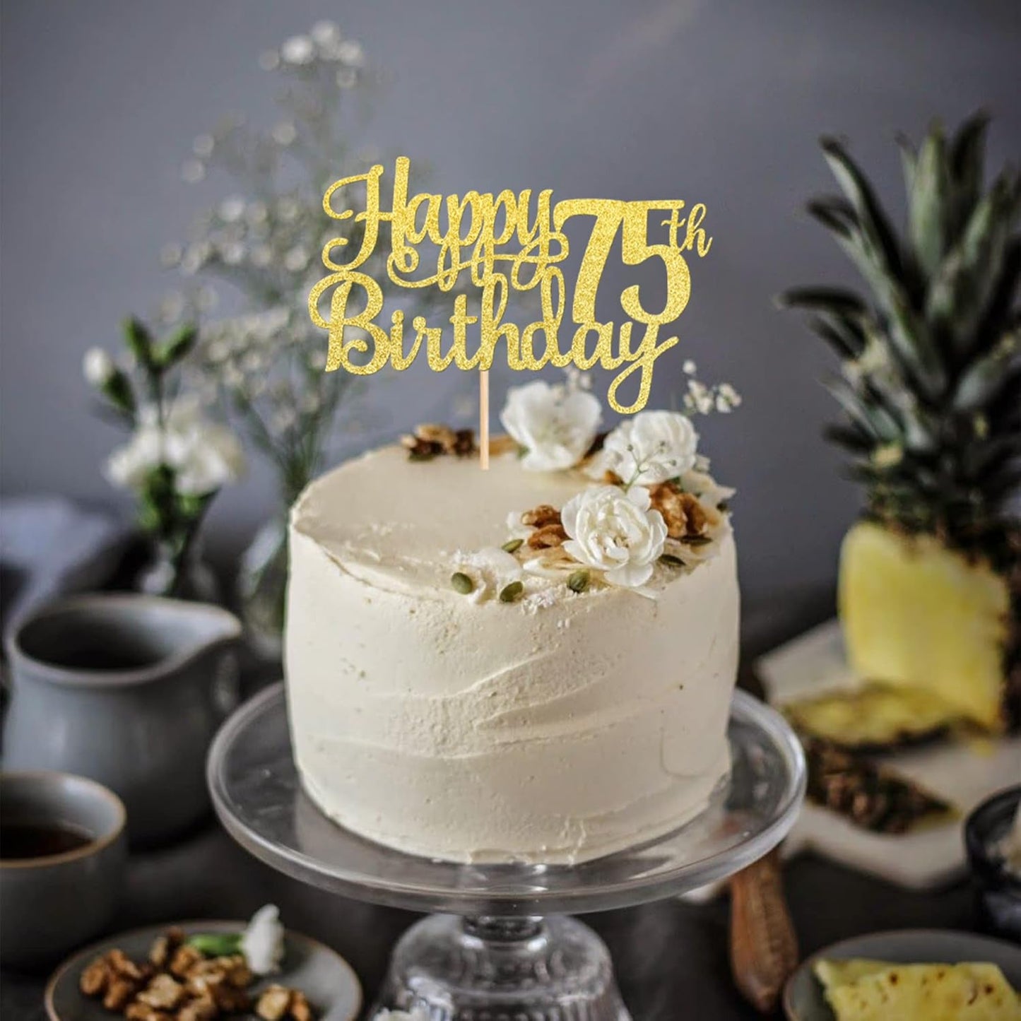 1 PCS Happy 75th Birthday Cake Topper Gold Glitter Cheers to 75 Years Birthday Cake Pick 75 Fabulous Cake Decoration for Happy 75th Birthday Theme Party Decorations Supplies