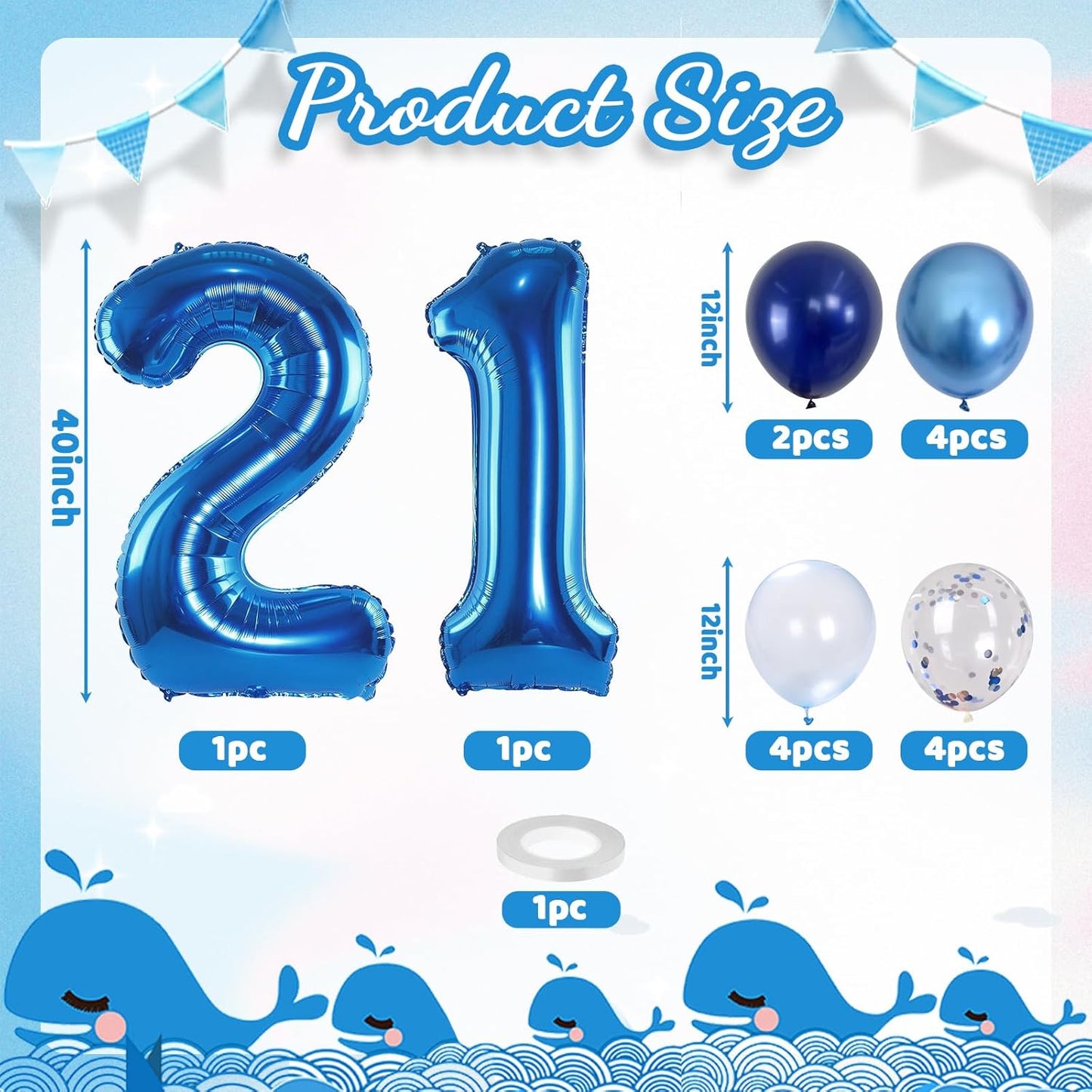 Foil Number Balloons 21, 40'' 21st Birthday Balloon with Pastel Navy Dark Blue Silver Confetti Helium Balloon, Self Inflating Big 21 Balloon Number for Men Birthday Party Anniversary Decor Supplies