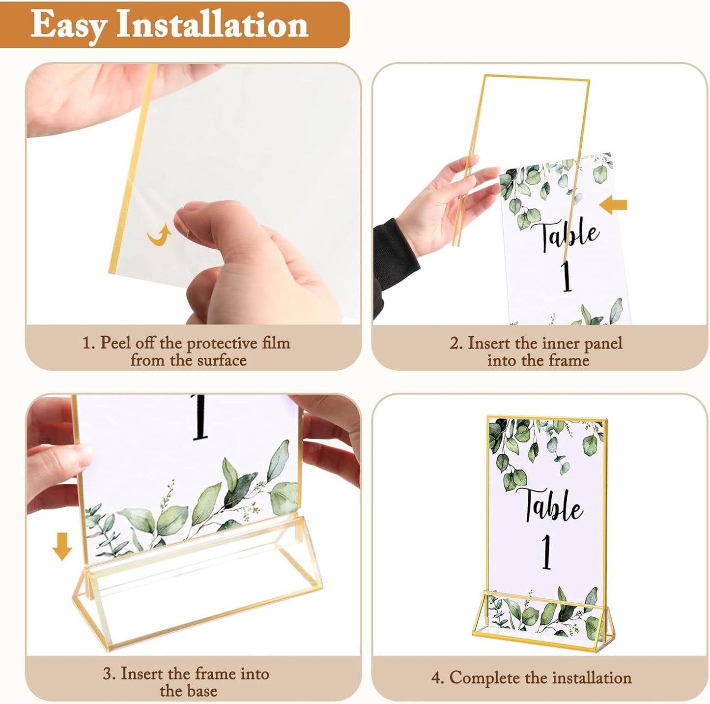 Floroom 6 Pack 5x7 Inch Clear Acrylic Sign Holders, Double-Sided Gold Display Stand Picture Frames for Table Numbers, Menus, Flyers, Weddings, and Offices