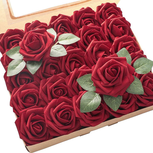 Floroom Artificial Flowers 50pcs Real Looking Dark Red Foam Fake Roses with Stems for DIY Wedding Bouquets Bridal Shower Centerpieces Floral Arrangements Party Tables Home Decorations