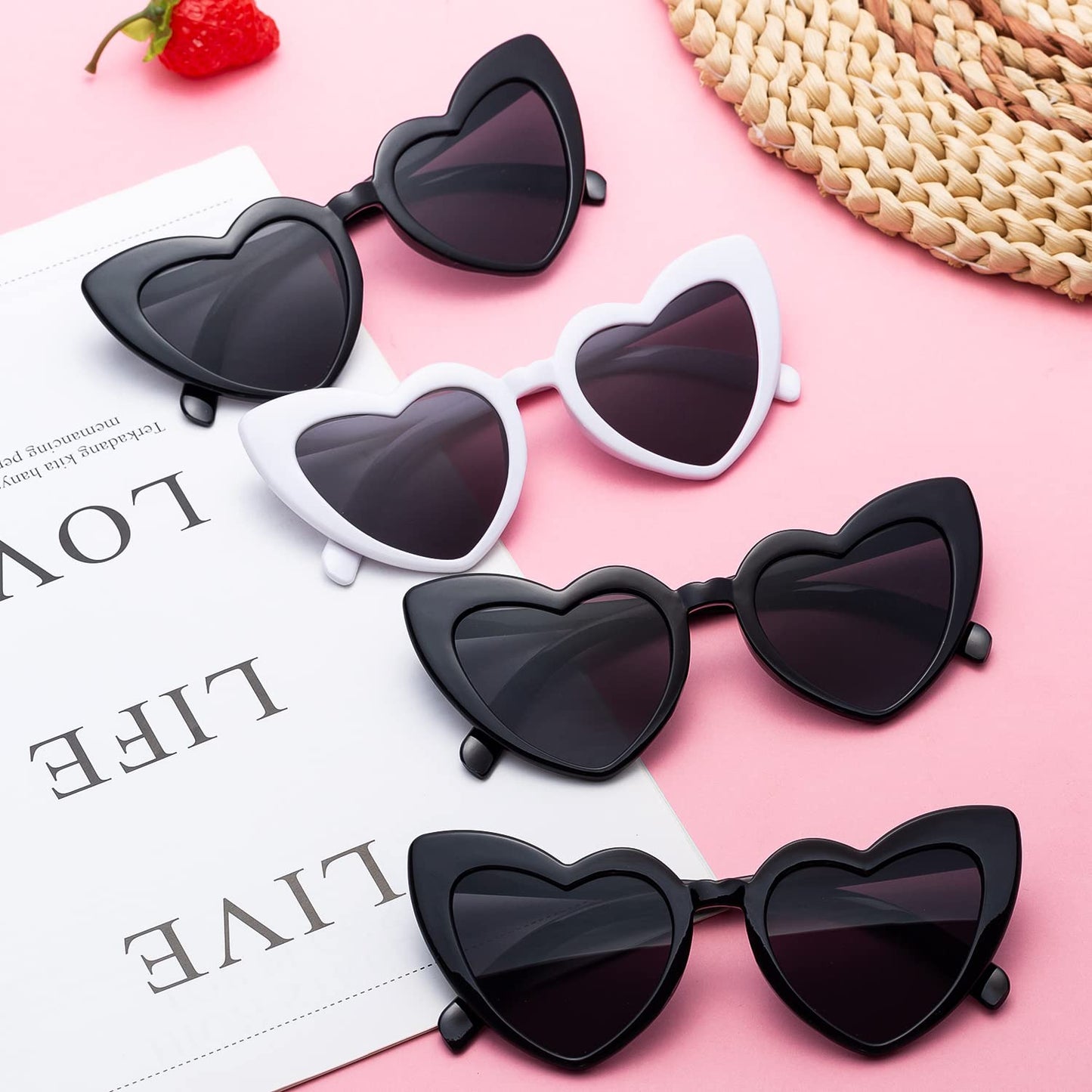 1+7 Pack Bachelorette Party Favor Retro Heart Sunglasses and Bridesmaid Scrunchies Set (Pink)
