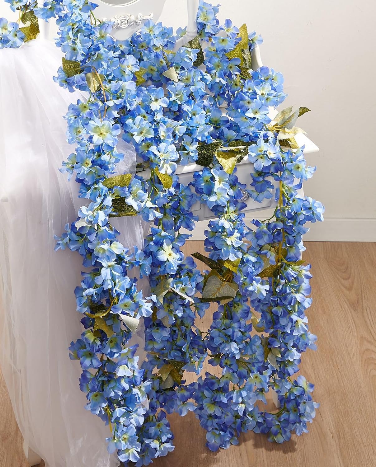 Flower Garland, Artificial Hydrangea Vine Flowers, Hanging Fake Hydrangeas Vine for Room Anniversary Wedding Birthday Christmas Wall Arch Decor, 2 Pcs, Floral Garland, Blue Flower