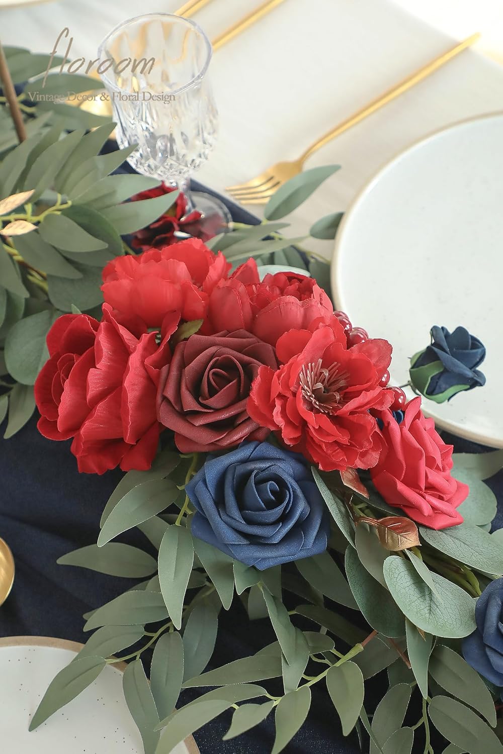 Floroom 6ft Artificial Eucalyptus Garland with Flowers Fake Greenery Faux Floral Vine Garland for Table Decor Wedding Centerpieces Bridal Shower Party Decorations, Dark Red Burgundy Navy