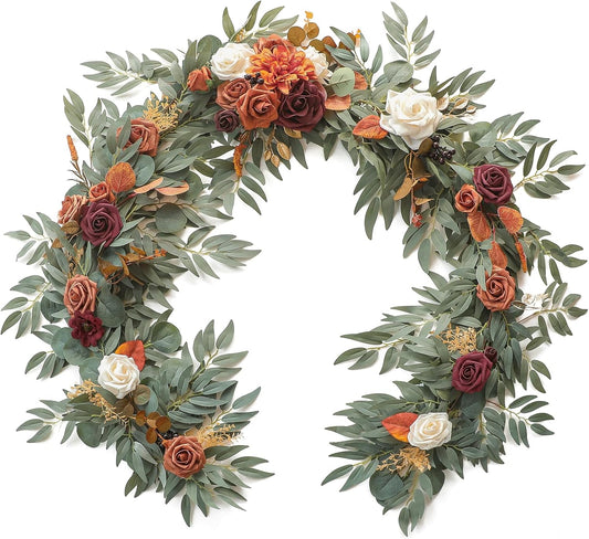 Floroom 6ft Artificial Eucalyptus Garland with Flowers Fake Greenery Burnt Orange Faux Floral Vine Garland for Table Decor Wedding Centerpieces Bridal Shower Party Decorations, Terracotta