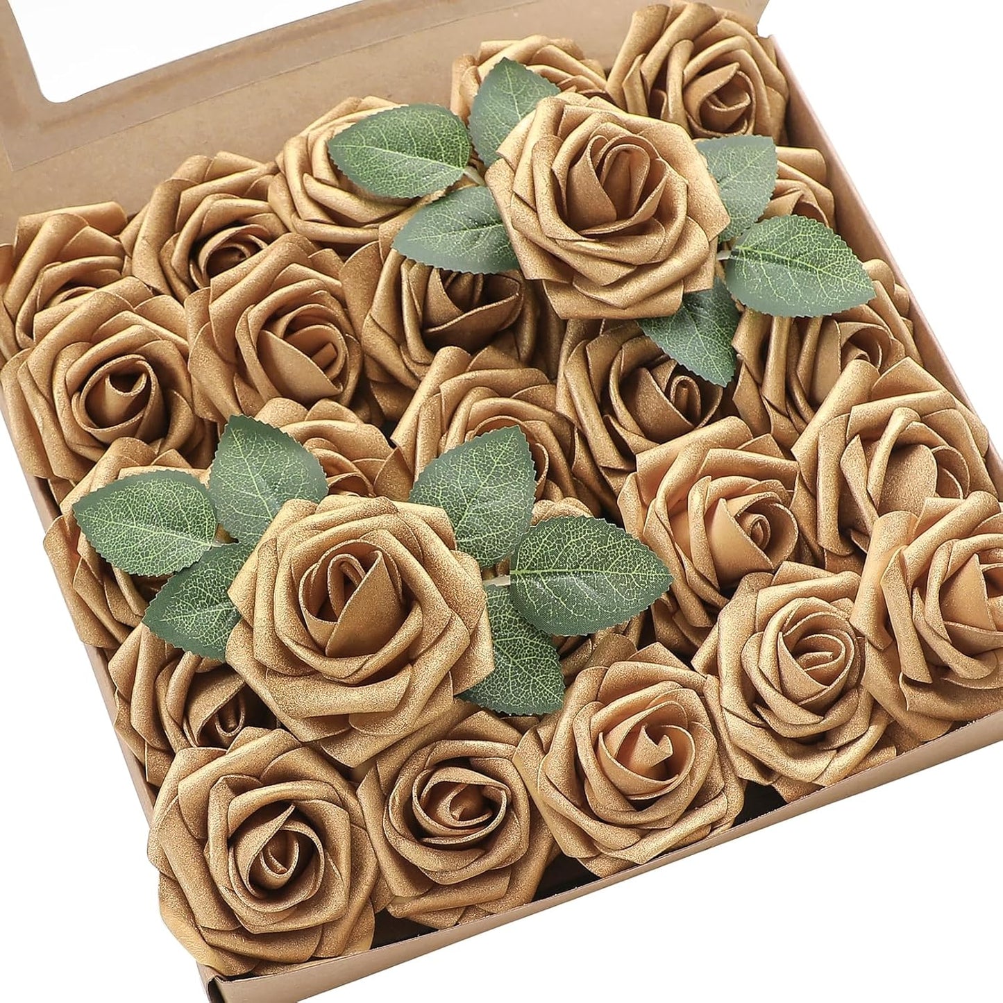 Floroom Artificial Flowers 25pcs Real Looking Antique Gold Foam Fake Roses with Stems for DIY Wedding Bouquets Bridal Shower Centerpieces Floral Arrangements Party Tables Home Decorations