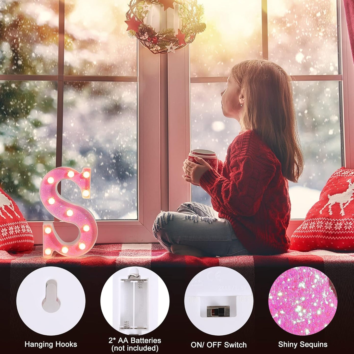 Foaky Pink Light up Letters，Pink Party Decorations,Girls Room Decor,Glitter Light Up Letters,Alphabet Letter Sign for Night Light Birthday Party Girls Gifts, Home Bar Decoration（V）