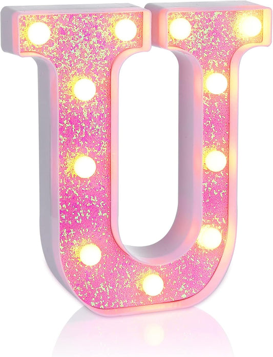 Foaky Pink Light up Letters，Pink Party Decorations,Girls Room Decor,Glitter Light Up Letters,Alphabet Letter Sign for Night Light Birthday Party Girls Gifts, Home Bar Decoration（U）