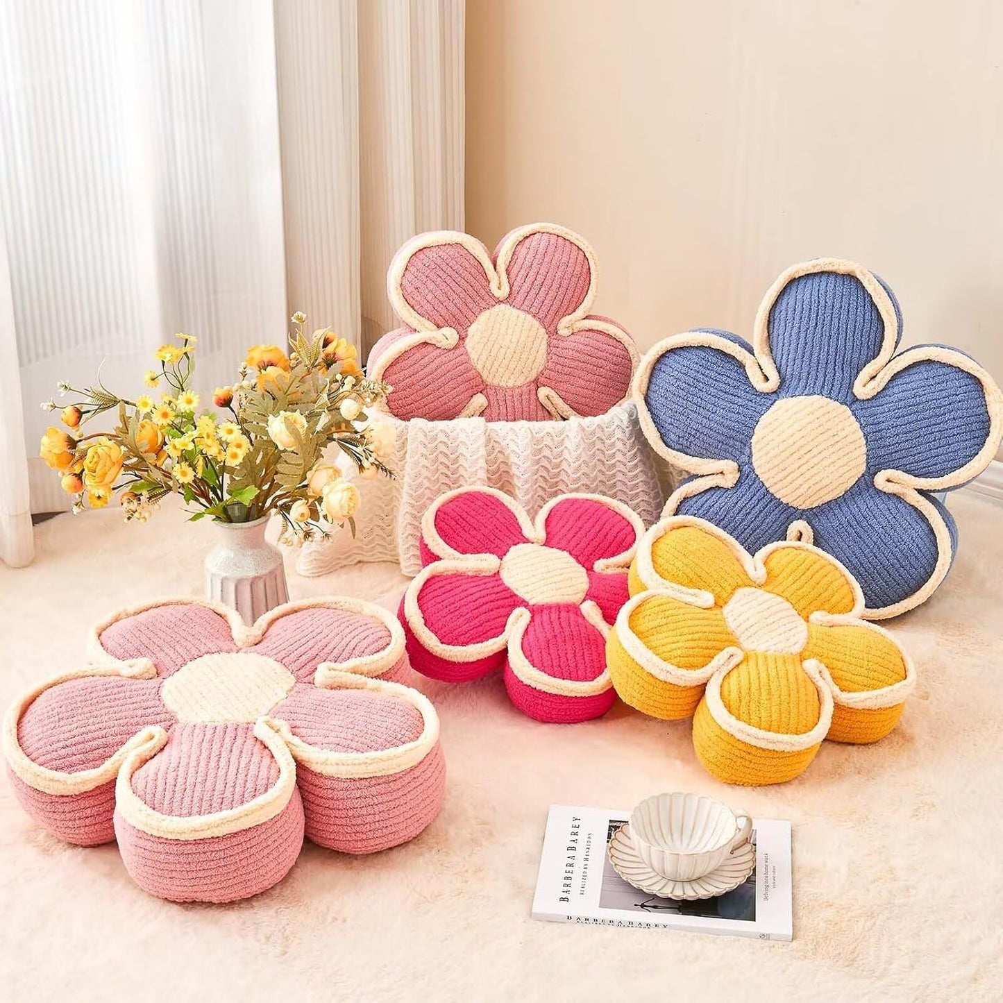 Flower Shaped Floor Cushion, Soft Decorative Throw Pillow, Cute Seating Cushion, Plush Pillows for Sofa Couch Bed (17.7 Inch, Yellow)