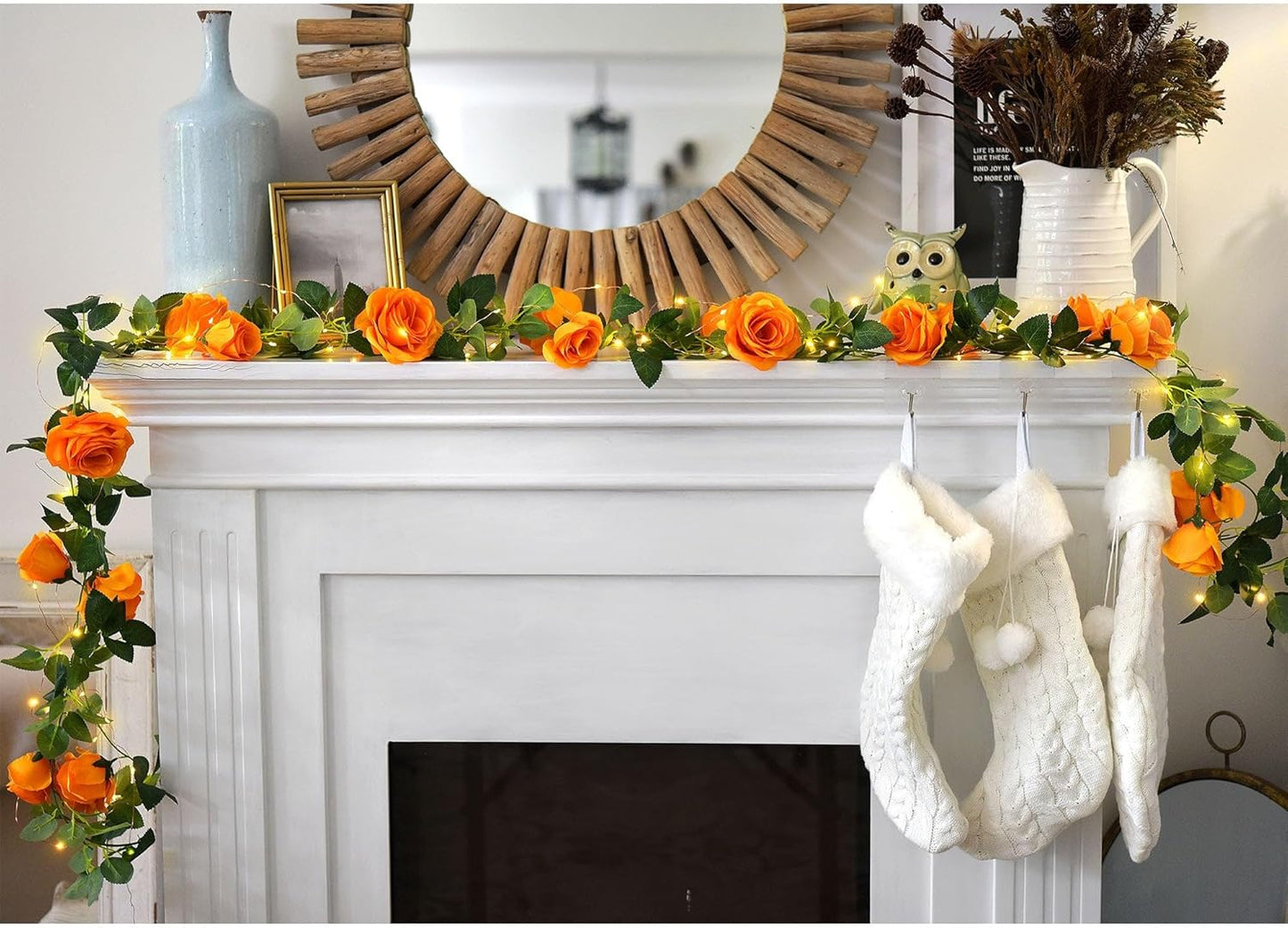 FiveSeasonStuff 29 Ft 4 Pack Mandarin Orange Rose Silk Flower Garland Artificial Flowers Decoration Hanging Floral with 66 feet String Lights