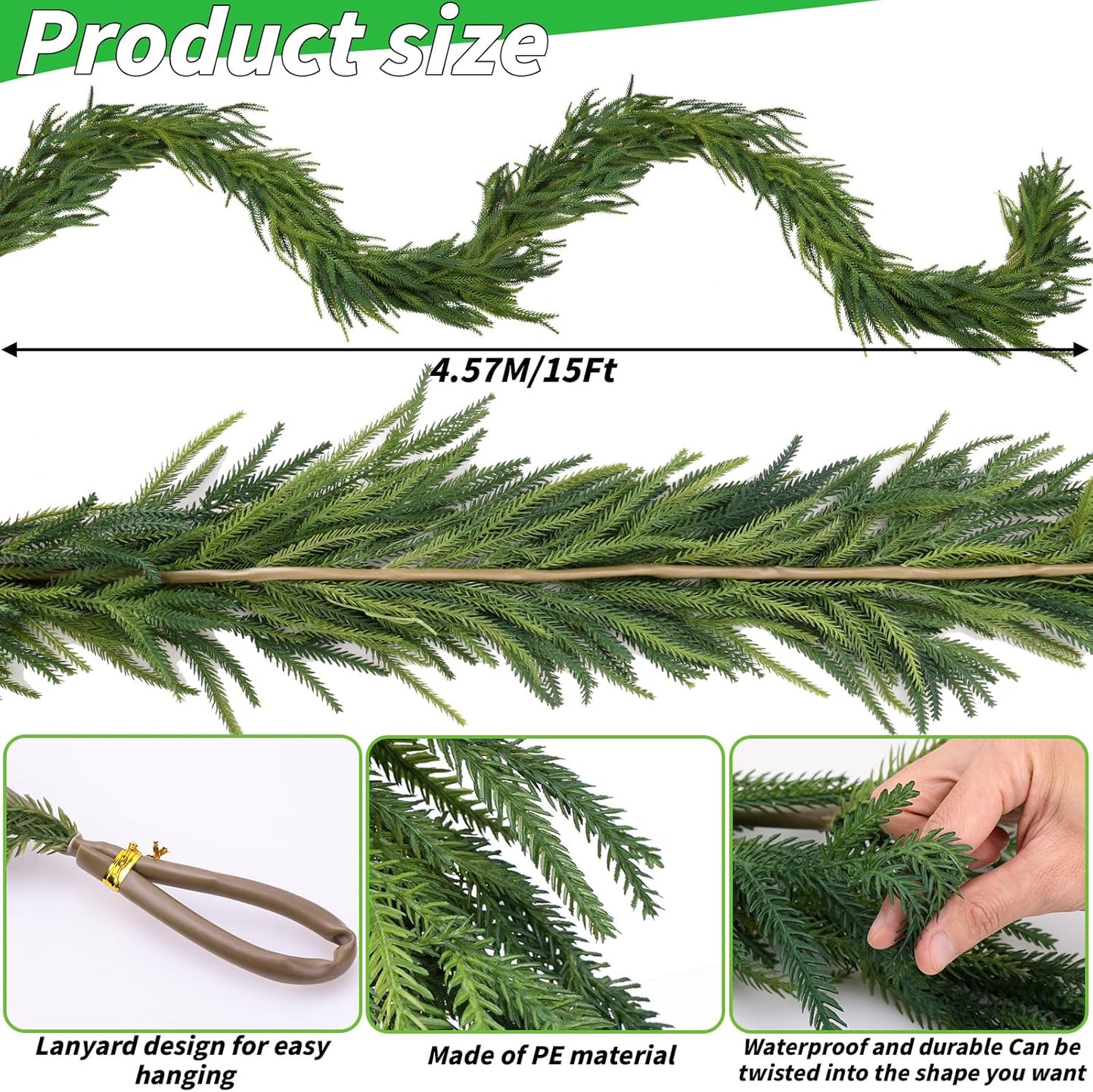 1 Pcs Artificial Norfolk Pine Garlands Christmas, 15 FT Dense Real Touch Winter Pine Garland Ornament, Green Artificial Greenery Garland for Table, Mantle, Wall, Indoor, Outdoor Christmas Decorations