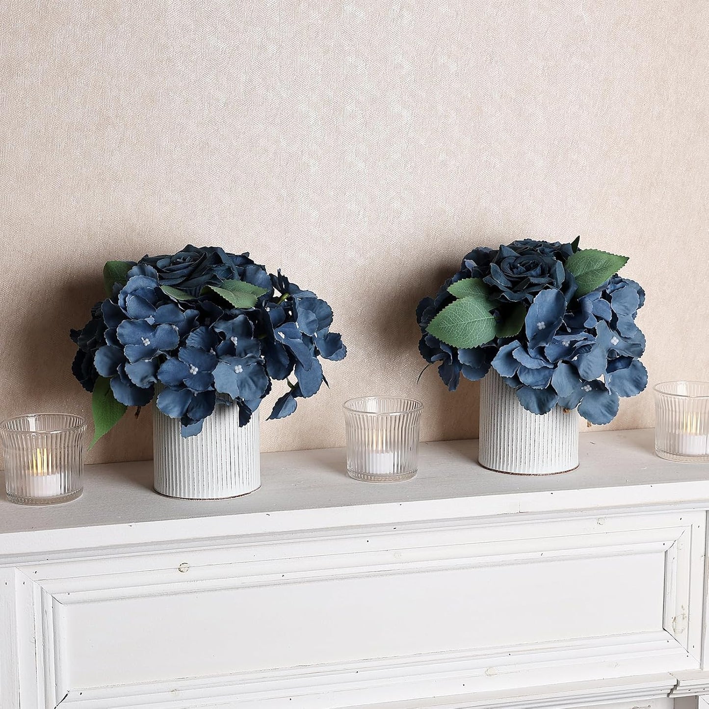 Flower Table Centerpieces - Set of 6 Floral Arrangement Artificial Wedding Hydrangeas Floral Arrangement with Rustic Metal Vase for Bridal Tea Party Event Decorations - Deep Dusty Blue