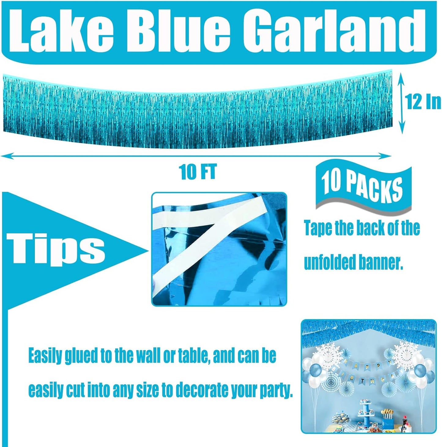 10 Pack 10 Feet Foil Fringe Garland Metallic Tinsel Streamers Banner Wall Hanging Curtain Backdrop for Parade Floats, Bachelorette, Wedding, Birthday, Halloween, Christmas Party Decorations(Lake Blue)