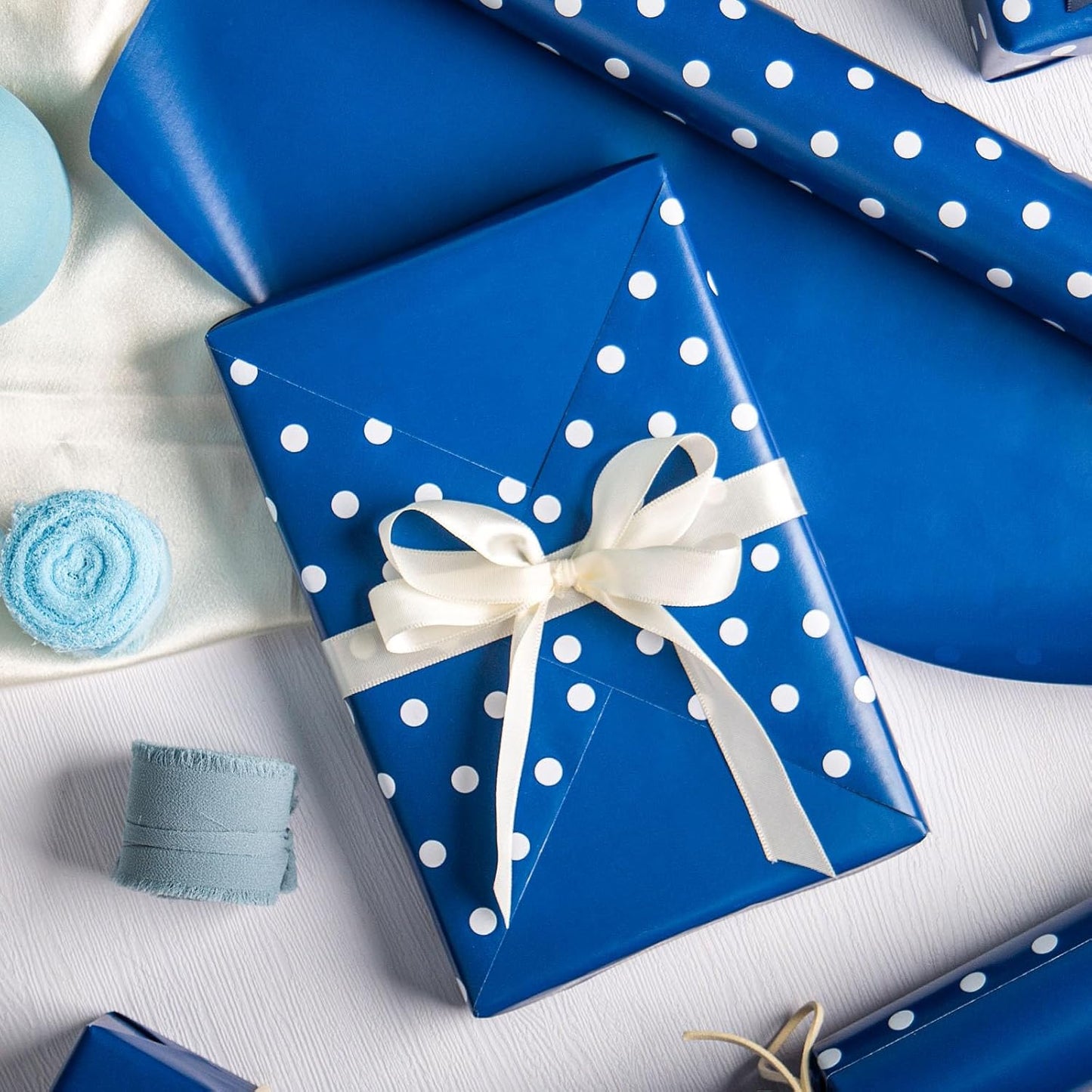 Flyhill Navy Blue Wrapping Paper,Reversible Gift Wrap Paper with Polka Dot Design for Father's Day,Birthday,Wedding,Baby Shower,All Holidays(17 Inch X 32.8 Feet)