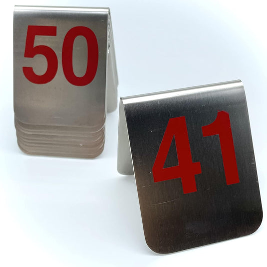 10 Pcs Metal Place Cards Stackable Tent Style Table Numbers，Place Card Holders for Celebration Wedding Party Restaurants Cafes Bars Gatherings meeting Room Board Game Serial (Medium 41-50, Red)