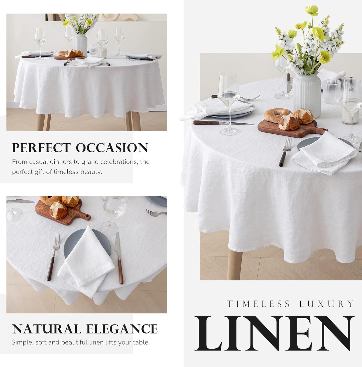 100% Pure French Linen Tablecloths,90Inches Round Table Clothes for Dining,Parties,Picnic,Events,Weddings and Restaurants (RO-White, Round - 90 Inch Dia)