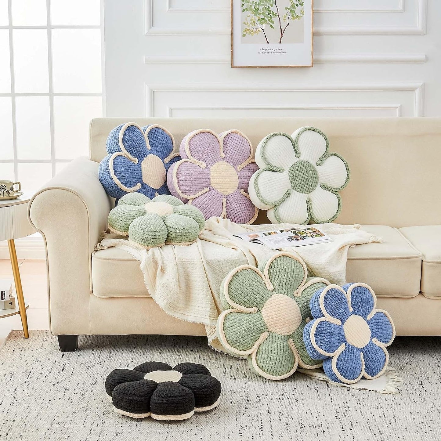 Flower Pillow, Soft Flower Decorative Throw Pillow, Cute Daisy Flower Shaped Seating Floor Cushion Room Décor Plush Pillows for Sofa Couch Bed (13.7 Inch, Blue)