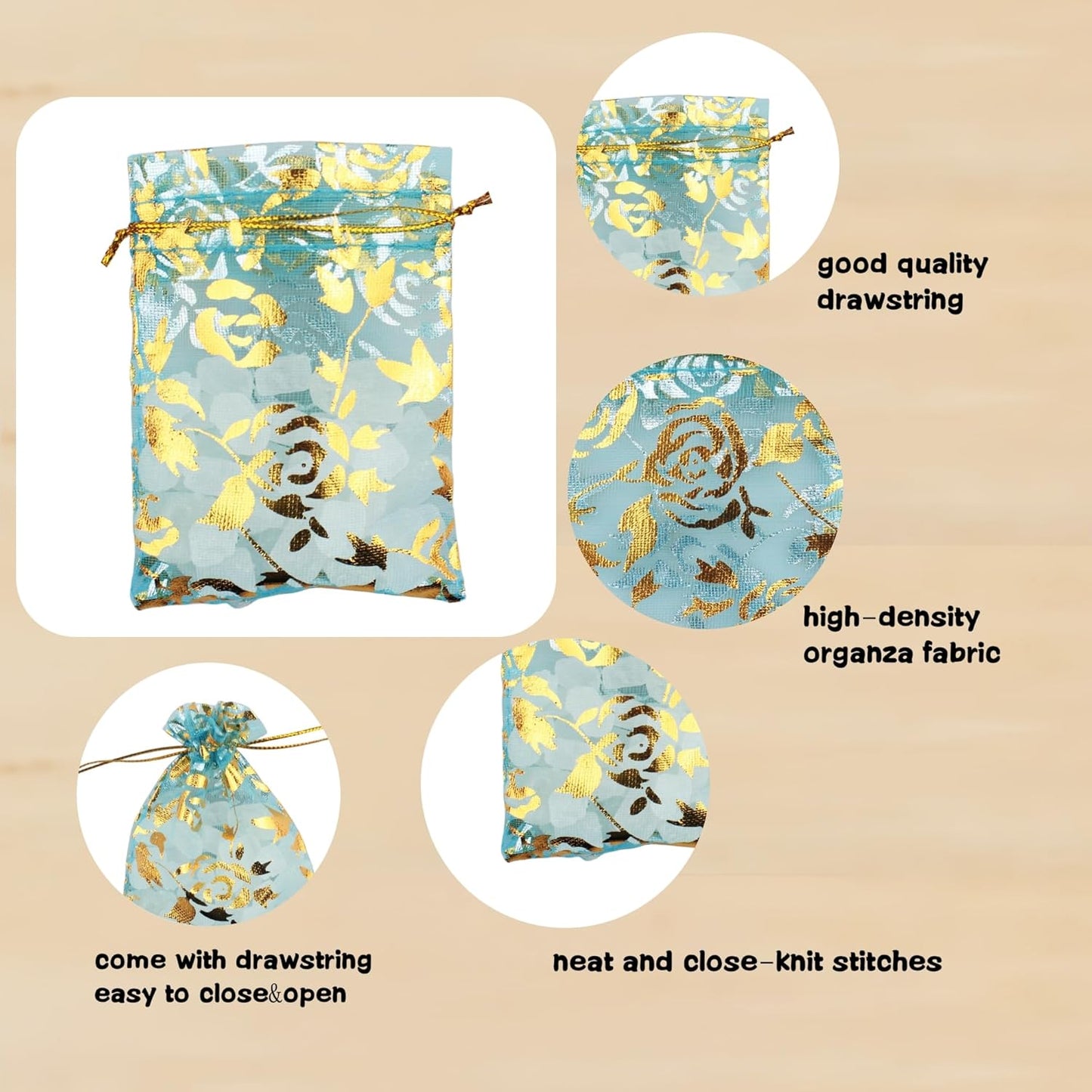 100 Pack 2.8 x 3.5 Inch Flower Heart Organza Jewelry Gift Pouch Candy Pouch Drawstring Wedding Favor Bags B511S (turquoise gold flower)