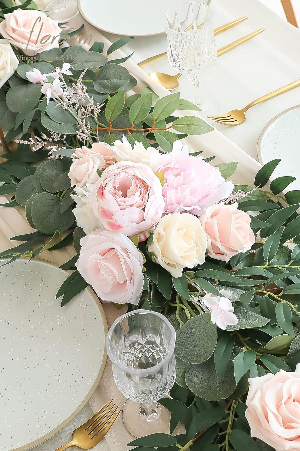 Floroom 6ft Artificial Eucalyptus Garland with Flowers Fake Greenery Faux Floral Vine Garland for Table Decor Wedding Centerpieces Bridal Shower Party Decorations, Blush & Cream