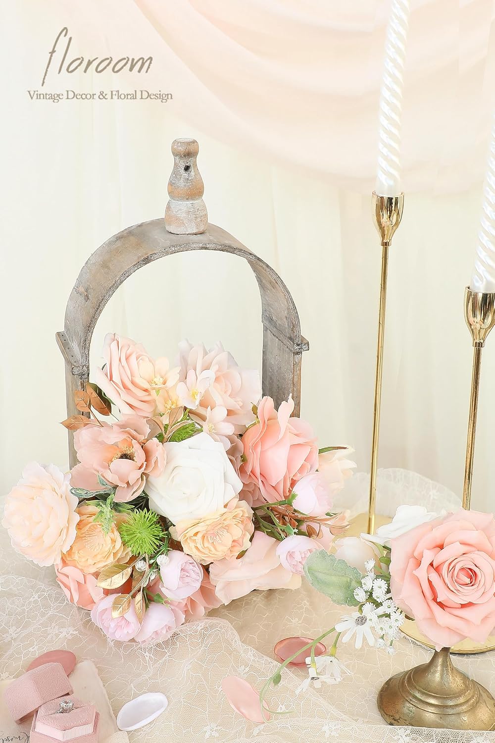 Floroom Blush Peach Pink Artificial Flowers Cream Fake Roses Peonies and Greenery Combo Box Set for DIY Wedding Bouquets Bridal Shower Centerpieces Floral Arrangements Party Tables Home Decorations