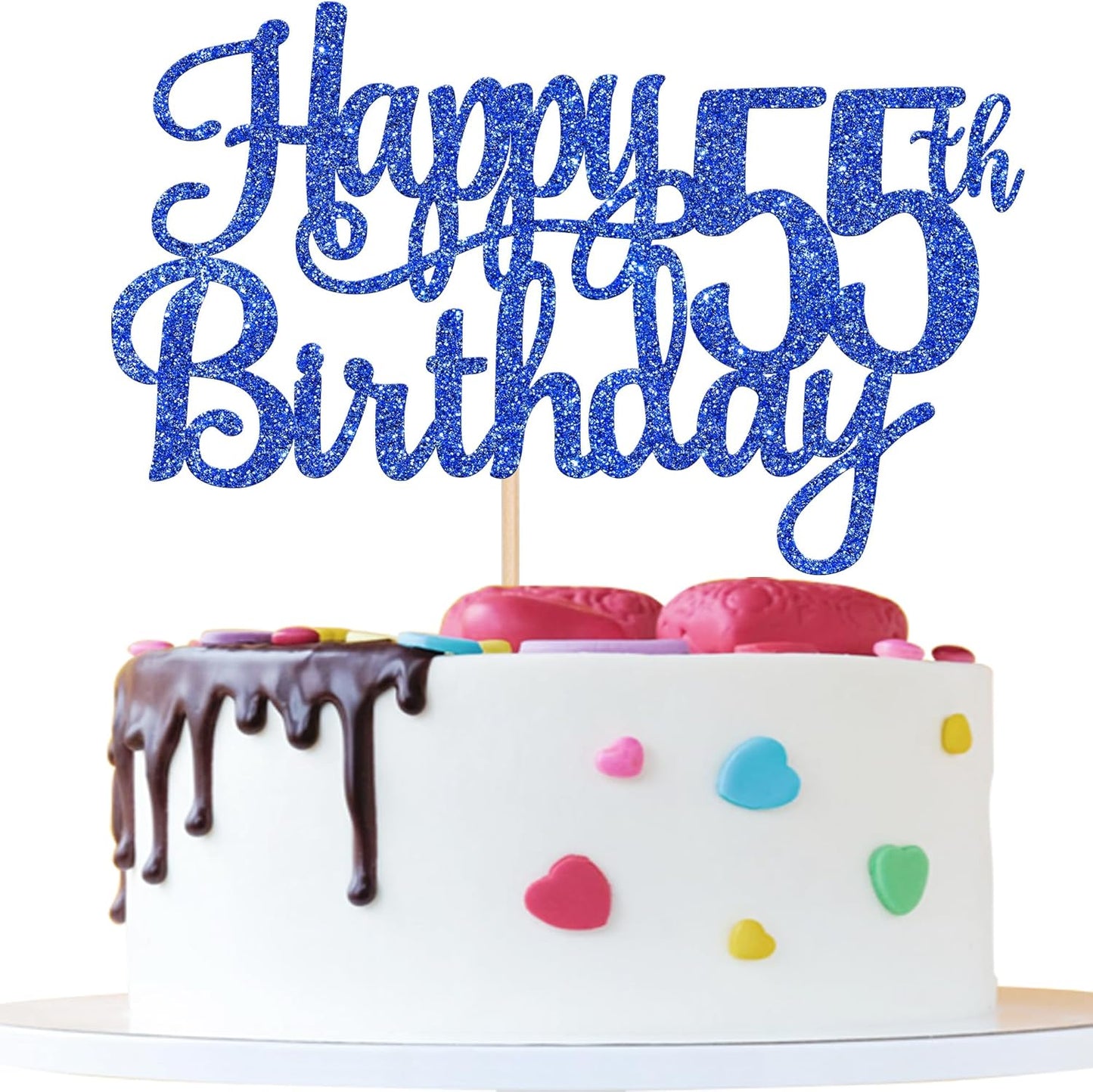 1 PCS Happy 55th Birthday Cake Topper Glitter Cheers to 55 Years Birthday Cake Pick Fifty Five 55 Fabulous Cake Decoration for Happy 55th Birthday Theme Party Decorations Supplies Blue