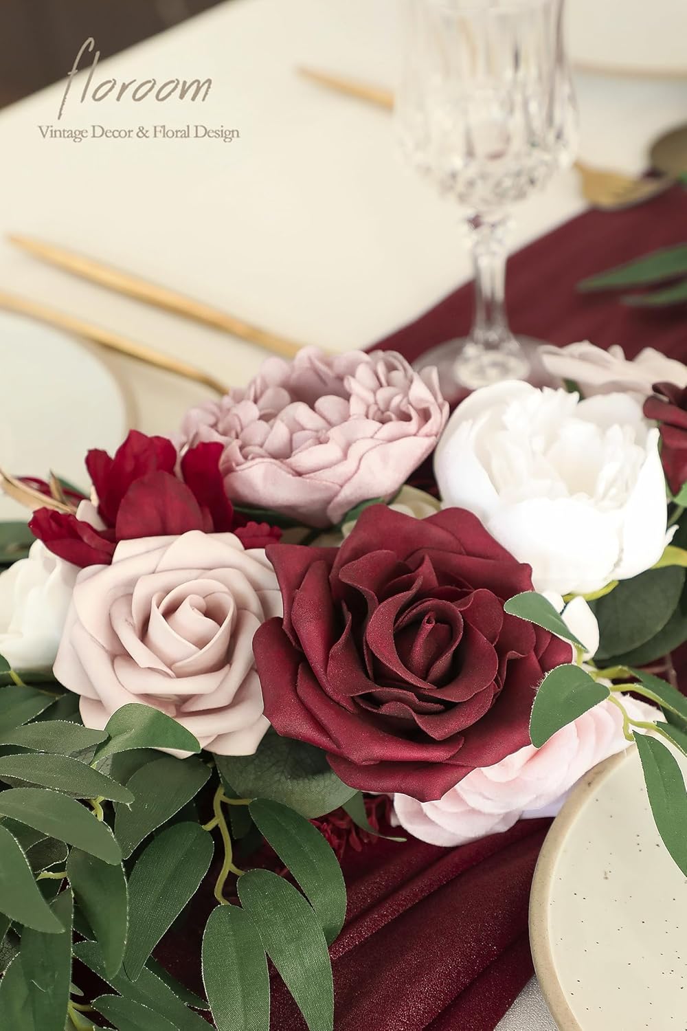 Floroom 6ft Artificial Eucalyptus Garland with Flowers Fake Greenery Faux Floral Vine Garland for Table Decor Wedding Centerpieces Bridal Shower Party Decorations, Burgundy & White