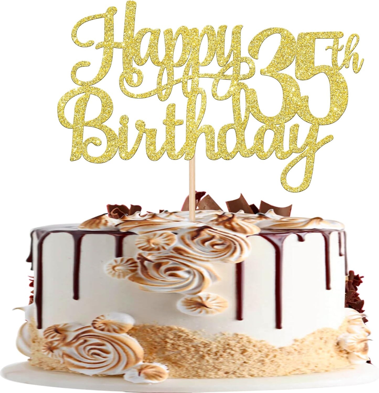 1 PCS Happy 35th Birthday Cake Topper Gold Glitter Cheers to 35 Years Birthday Cake Pick 35 Fabulous Cake Decoration for Happy 35th Birthday Theme Party Decorations Supplies