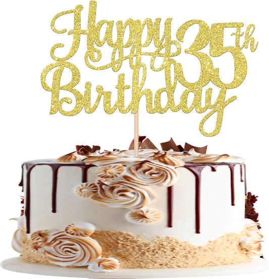 1 PCS Happy 35th Birthday Cake Topper Gold Glitter Cheers to 35 Years Birthday Cake Pick 35 Fabulous Cake Decoration for Happy 35th Birthday Theme Party Decorations Supplies
