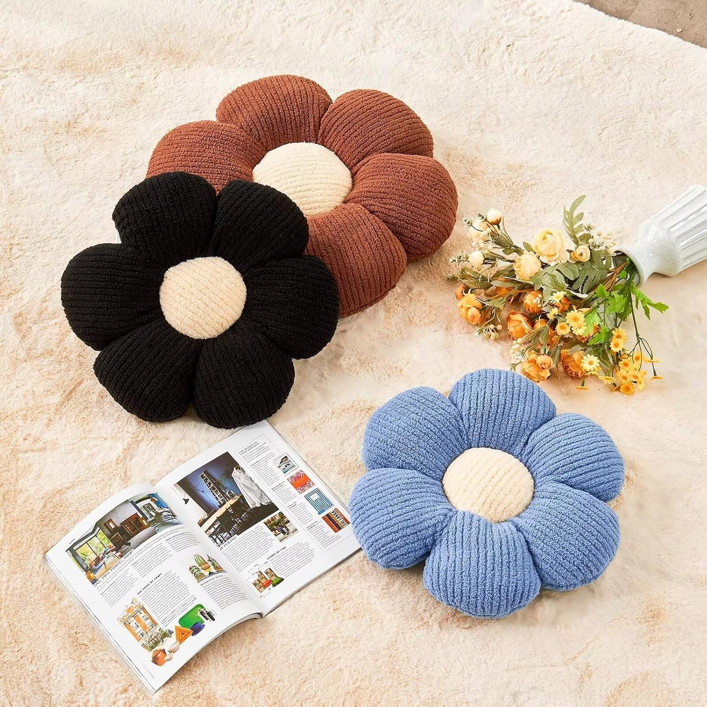 Flower Throw Pillow, Soft Brown 17.7" Shaped Floor Pillow for Home Decor, Cute Aesthetic Plush Decorative Pillows for Bed, Sofa, Couch