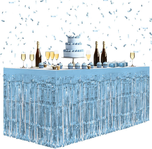1 Pack Light Blue Table Skirts, 29x108" Metallic Foil Tinsel Fringe Table Skirts for Rectangle Tables Streamer Curtains Backdrop, Party Decorations for Birthdays Weddings Holidays