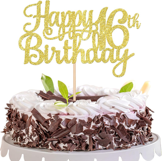 1 PCS Happy 16th Birthday Cake Topper Gold Glitter Cheers to 16 Years Birthday Cake Pick Sweet 16 Fabulous Cake Decoration for Happy 16th Birthday Theme Party Decorations Supplies