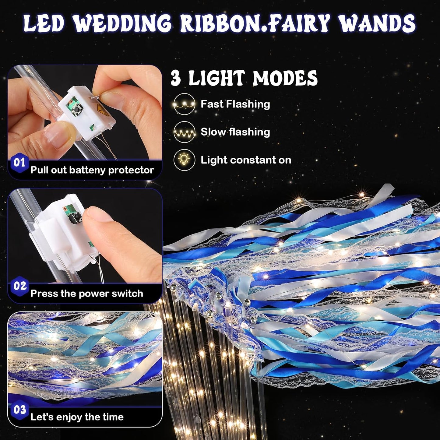 100 Pcs Wedding Wands Ribbon with 3 Colorful Flashing Modes, Light up LED Silk Fairy Wands, Glow Lace Stick with Bells for Wedding Reception, Graduation, New Year, Birthday Party (Blue)