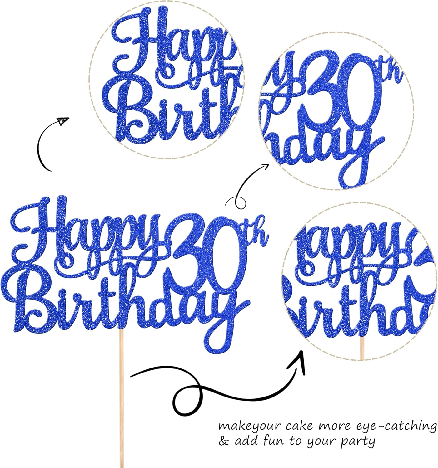 1 PCS Happy 30th Birthday Cake Topper Glitter Cheers to 30 Years Birthday Cake Pick 30 Fabulous Cake Decoration for Happy 30th Birthday Anniversary Party Decorations Supplies Blue