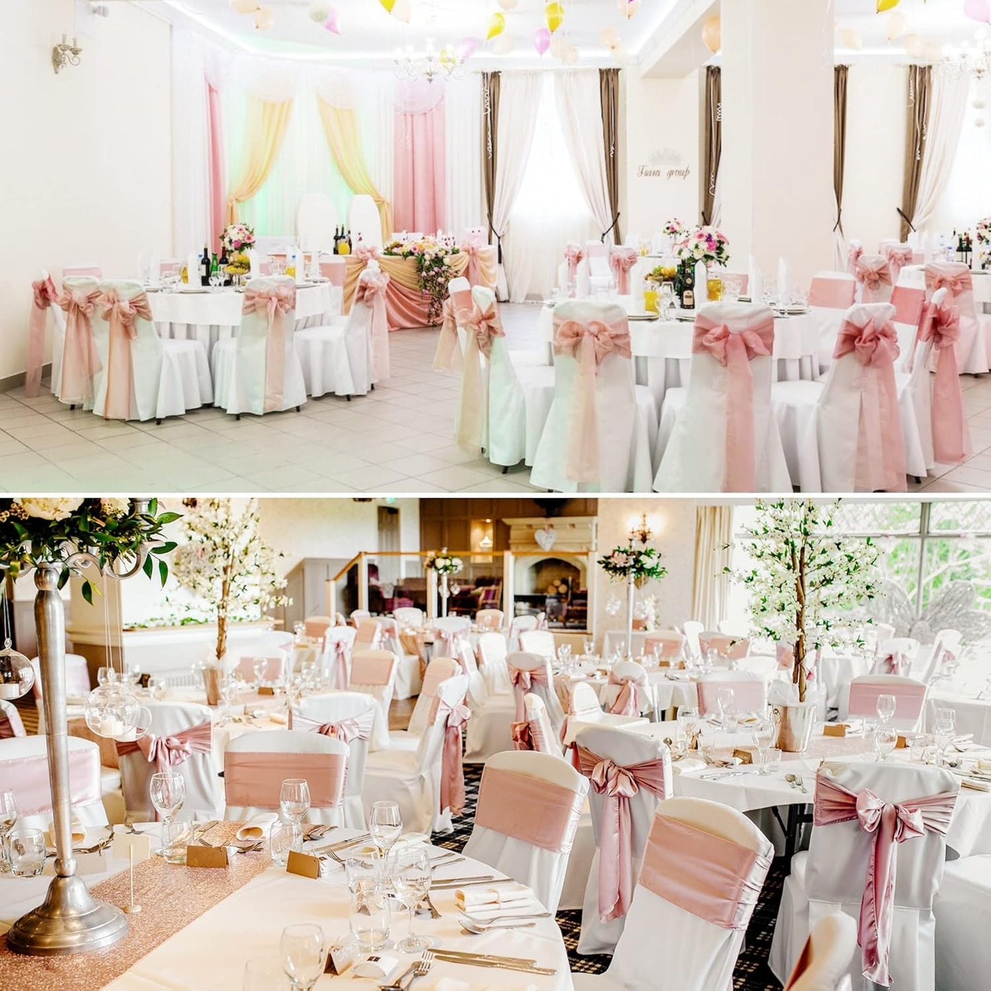 100 PCS Satin Chair Sashes Decorative Bow Chair Ribbon Bows Chairs Cover Band Back Sashes Ties for Wedding Party Ceremony Reception Events Banquet Restaurant Home Kitchen Decor(7 x108 inch,Rose Gold)